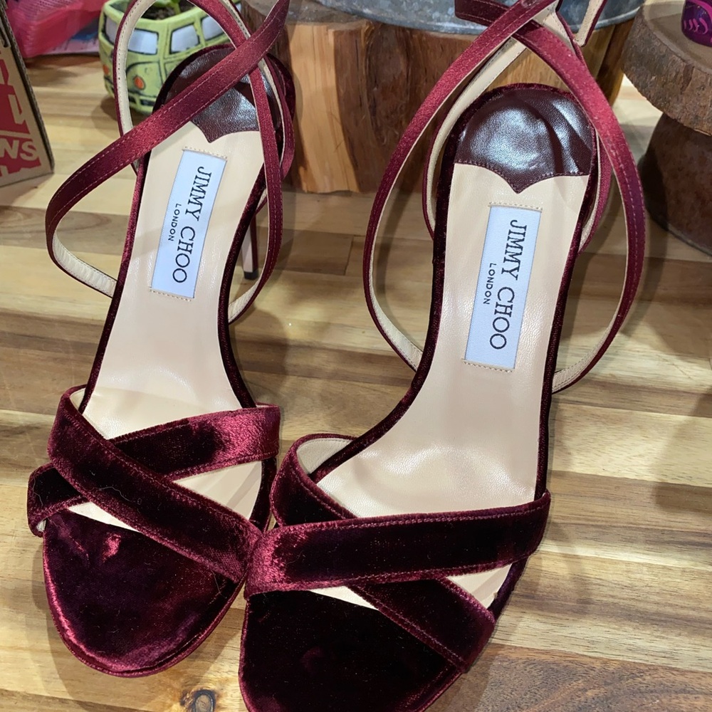 Jimmy Choo Burgundy Velvet And Satin Lola Cross Strap Sandals Size 39 - Picture 6 of 16